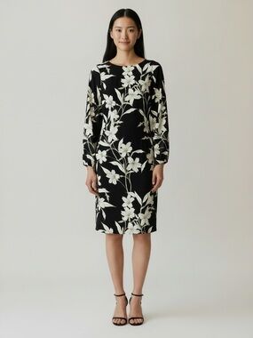 Lauren Ralph Lauren Size 6 Black Cream Floral Sheath Dress Long Sleeve Work